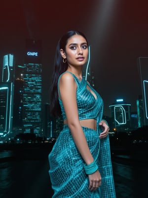 Digital canvas aglow with neon hues, Girl25yo stands poised, saree draping curves like a Tron-inspired grid. Canon 1DX's 50mm lens captures every nuance as she confidently exposes navel, soft lighting casting gentle glow on features. High-res image quality reveals intricate fabric details, saree's folds and patterns shimmering like digital code in a futuristic cityscape.