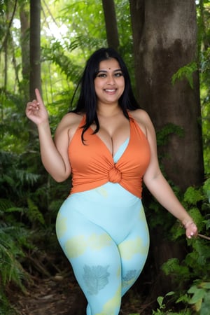 A chubby Indian woman confidently stands amidst the vibrant foliage of a lush forest, her silky yellow top with a deep neckline and front knot glistening in the dappled sunlight. Her peach-colored leggings blend harmoniously with the surrounding greenery as she holds two sticks, exuding warmth and joy. A gentle smile plays on her lips, radiating a sense of adventure and contentment.