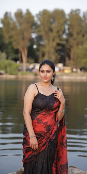 Captured at eye-level, a beautiful Indian woman, dressed in a black and red saree, stands in front of a body of water. Her hair is pulled back in a ponytail, and she's wearing a pair of silver earrings. Her left hand is resting on her hip, and her right hand is draped over her right shoulder. Exposed navel,  and the backdrop is a blend of green and brown trees.