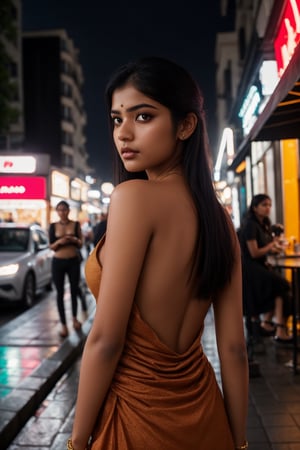 Beautiful girl in a  cyberpunk city, cinematic colour grading, traditional dress, (((blade runner 2077, futuristic, bioluminous, neon light)), amazingly beautiful, long brown hair, fair skin, side pose, looking at viewer, on a Paris street, cafe in background, sexy ((red dress)), bare shoulders, big breasts, masterpiece, best quality, face focus, fashion photography, yellow, blue, photorealistic, highly detailed, (symmetrical green eyes),realistic,1 girl,Mallu 18 old babe,perfect,,Mallu,photorealistic