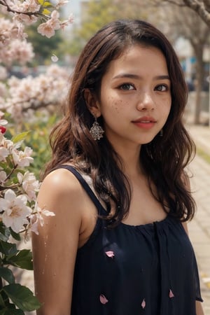 1girl, solo, realistic wet skin, light particle, long hair, looking at viewer, brown hair, jewelry, green eyes, upper body, flower, outdoors, parted lips, day, blurry, lips, petals, depth of field, facial mark, cherry blossoms, wind, freckles, nose, branch, Energy light particle mecha,Light particle,slim fit,Light particles and spark,Mallu