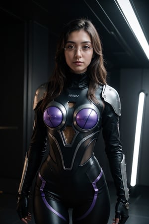 (best quality, 4k, 8k, highres, masterpiece:1.2), ultra-detaile, gears, transparent body, mechanical details, glowing eyes, reflective surface, subtle reflections, ethereal, luminous, metallic highlights, sci-fi, futuristic, blue and purple color palette, dynamic lighting,Mallu girl,photo r3al,Brown tone Beauty,cyberpunk glasses,realistic ,slim fit,teen