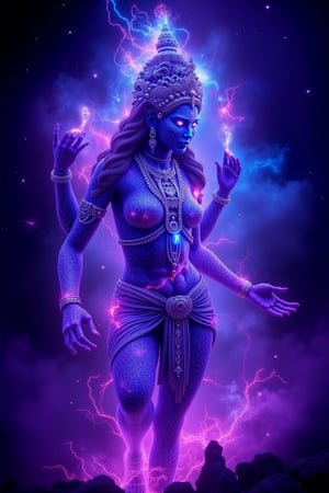 Realistic photography, A cosmic depiction of Goddess Lakshmi, her body glowing with neon light and ultraviolet hues. Energy radiates from her divine form, showing a mix of rage and power. Surrounded by cosmic nebulae, her figure is illuminated in vibrant blues, purples, and pinks. She stands as a sensual, seductive Kamasutra goddess, her glowing, ethereal presence exuding divine sensuality and cosmic energy.,Cosmic , An ethereal vision of Goddess Lakshmi, enveloped in ultraviolet and neon lights, with her skin radiating vibrant cosmic energy. Her expression shows controlled rage as her divine form emits intense energy. Her seductive Kamasutra pose enhances her allure, with her glowing body reflecting divine feminine beauty amidst the vast cosmic backdrop, with swirling galaxies and radiant nebulae.
