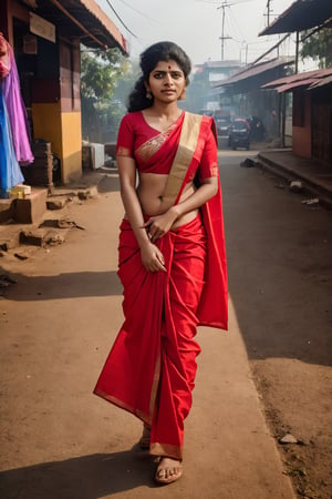 Unexpected click, futuristic dress cyber park theme,  expected photo of mallu girl walking on a road BC peoples are working around the she is very urgent and she is going somewhere, Sony a7iii, photography of women crossing road very urgently, Raw photo of (25yo Kerala Beautiful young woman:1.1) (best quality, highres, ultra-detailed:1.2), vibrant colors, glowing dimond, glowing eyes, realistic Raw photo, realistic lighting, traditional Red saree,  exotic beauty, mesmerizing eyes, girl ,Thrissur
