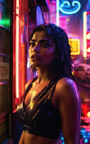 shot of a fiery-eyed Indian woman, her dark hair whipping around her face as she scowls at the camera. Midriff exposed ,  ((hand pointing to viewers)), Framed by a dimly lit alleyway's neon signs and rain-soaked pavement, the gritty atmosphere heightens the tension in her gaze. Her beauty is tempered by anger, her full lips pursed in a snarl as she confronts the unknown. Cinematic photography captures every nuance of her expression, inviting the viewer to step into her world.