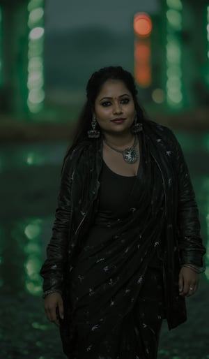 A photorealistic portrait of an Indian woman in her late 20s with dark brown skin, long straight black hair, and sharp features. She is dressed in a saree , top of that saree a sleek black leather coat with futuristic, tech-inspired accessories. Her eyes  giving her a mysterious, powerful look. The background is a dark, cyberpunk cityscape with green digital rain falling behind her, reminiscent of the Matrix. The lighting is low, with glowing neon lights reflecting off her leather outfit, enhancing the dramatic, action-movie atmosphere.
