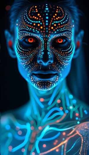 A mystical, close-up photo of an alien woman with a bioluminescent glow. Her midriff is exposed, revealing glowing skin with symmetrical neon lines that trace intricate patterns across her face and body. The skin emits a soft, otherworldly light, giving her a mesmerizing appearance. Her face is adorned with glowing dots, arranged in a symmetrical pattern that highlights her ethereal beauty.

She is wearing a neon saree that also glows with vibrant colors, blending seamlessly with the bioluminescent tones of her skin. Light particles float around her, adding to the mystical aura, while glowing spots and dots on her body create a radiant, enchanting effect. The close-up focus on her face emphasizes her luminous features, with every detail of the glowing patterns and lines captured in stunning detail.
