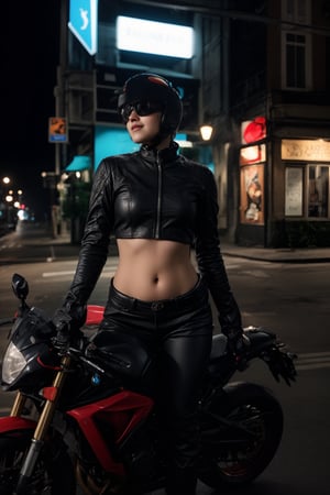 A stunning Malayali woman with short hair, dressed in a modern, stylish outfit that exposes her midriff. She is confidently riding a BMW S1000RR motorcycle, captured in a realistic, high-definition photography style. The woman has an expressive face, reflecting excitement and thrill as she rides the bike. Her outfit is contemporary, perhaps a crop top paired with high-waisted jeans or a leather jacket, fitting the sleek and bold vibe of the scene.

The image is color graded in a cinematic style, reminiscent of the Matrix movie, with a strong teal and orange color palette that enhances the intensity of the scene. The lighting creates a dramatic effect, highlighting the contours of her face and the shine of the motorcycle. The background is slightly blurred to emphasize motion, but still hints at an urban environment. The overall composition exudes a sense of modernity, freedom, and adventure, with the woman and the bike as the focal points.
