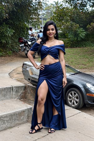 1girl, mallu, solo, long hair, skirt, black hair, navel, jewelry, standing, full body, earrings, outdoors, midriff, off shoulder, crop top, sandals, , long skirt, realistic, off-shoulder shirt