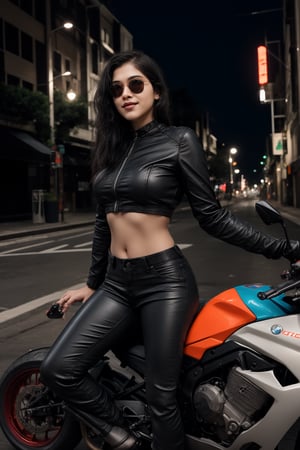 A stunning Malayali woman with short hair, dressed in a modern, stylish outfit that exposes her midriff. She is confidently riding a BMW S1000RR motorcycle, captured in a realistic, high-definition photography style. The woman has an expressive face, reflecting excitement and thrill as she rides the bike. Her outfit is contemporary, perhaps a crop top paired with high-waisted jeans or a leather jacket, fitting the sleek and bold vibe of the scene.

The image is color graded in a cinematic style, reminiscent of the Matrix movie, with a strong teal and orange color palette that enhances the intensity of the scene. The lighting creates a dramatic effect, highlighting the contours of her face and the shine of the motorcycle. The background is slightly blurred to emphasize motion, but still hints at an urban environment. The overall composition exudes a sense of modernity, freedom, and adventure, with the woman and the bike as the focal points.
