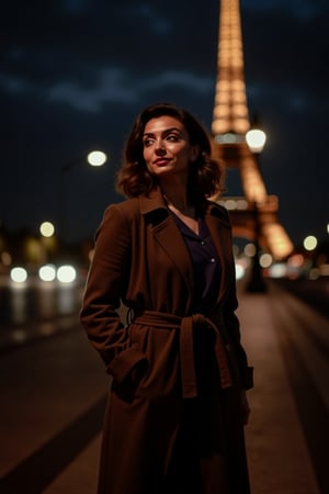 1girl, beautiful, paris, eiffel, night, masterpiece, best quality, high resolution, 8k, sharp focus, cinematography, cinematic lighting, movie scene, muted colors, professional, depth of field, photorealistic, magnificent, maximum details, (RAW, dslr, hdr, highest quality), smooth, roughness, hyper realistic, film grain, bokeh, epic, dramatic, wearing long coat, cinematic long shot, wide shot, full body shot, her long, looking at camera, smile, stand pose,Mallu woman