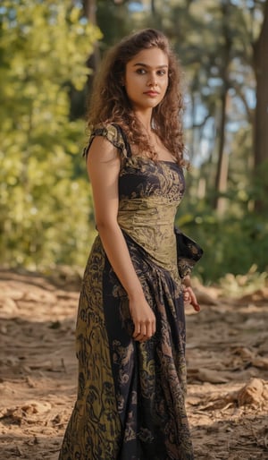 a woman with long, wavy brown hair stands in a forest. She is dressed in a two-piece outfit,creating a peaceful and natural backdrop.,mallu,Traditional,The image is captured using a Fujifilm cinematic camera, with dramatic cinematic lighting enhancing the deep shadows and bright highlights. making her the clear focal point. The camera angle is low, looking slightly upwards to give her an empowering, larger-than-life presence. The textures of the costume and her skin are rendered in high definition, with the soft, natural lighting adding a dreamlike quality to the image., (RAW photo, best quality), (realistic, photo-Realistic:1.1), best quality, masterpiece, beautiful and aesthetic, 16K, (HDR:1.2), high contrast, (vibrant color:1.3), (muted colors, dim colors, soothing tones:0), cinematic lighting, ambient lighting, sidelighting, Exquisite details and textures, cinematic shot, Warm tone, (Bright and intense:1.1), wide shot, by xm887, ultra realistic illustration, siena natural ratio,	head to thigh portrait,	long Wave hair, Traditional,Midjourney_Whisper