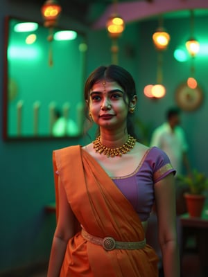 A mallu steampunk women, saree, midriff, The atmosphere is fun and inviting, featuring colors like teal and orange, gray, light green, purple, and orange. Neon lights in green illuminate the space, creating a bokeh and Depth of Fieldeffect. The focus is on the girl from the torso to the head, captured in a cinematic style with a Sony A7R IV full-frame camera,Futuristic,Girl16yo