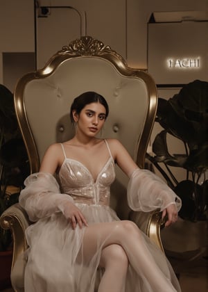 A modern, beautiful woman sits elegantly on a throne inside a stylish boutique shop. The background features a wall with the shop's name "TACHI" clearly visible. She exudes confidence and sophistication, with her fashionable attire complementing the luxurious ambiance of the boutique. The shop is decorated with sleek, contemporary designs, and the lighting highlights both the woman and the shop's details. The throne she sits on is ornate yet modern, blending seamlessly with the chic atmosphere of the store.

This breathtaking photograph, shot on a Canon 1DX with a 50 mm f/2.8 lens, beautifully showcases the raw and authentic beauty of life. high resolution 8k image quality,

The image is captured using a Fujifilm cinematic camera, with dramatic cinematic lighting enhancing the deep shadows and bright highlights. The scene is shot with a wide aperture, creating a shallow depth of field that blurs the forest background, making her the clear focal point. The camera angle is low, looking slightly upwards to give her an empowering, larger-than-life presence. The textures of the costume and her skin are rendered in high definition, with the soft, natural lighting adding a dreamlike quality to the image.