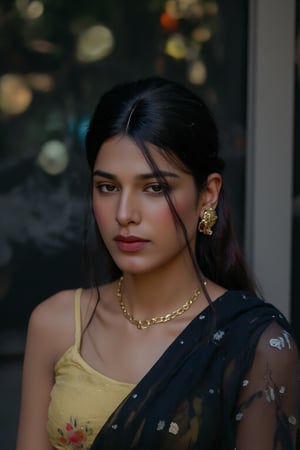 A close-up shot of a Indian woman in a black and white saree, adorned with gold earrings and a gold necklace. The woman's hair is pulled back in a ponytail, adding a touch of color to her face. The background is blurred, creating a stark contrast to the woman's outfit. The saree she is wearing is cream in color, with a black pattern on it. She is wearing a cream scarf around her waist, adding texture to her outfit.,Fantasy cosplay,Tran A dramatic shot, smoky backdrop, a stunning cybernetic girl, metallic confines. She gazes intensely through enhanced, hair soft glow and refracted holographic,