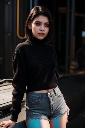 a beautiful female model, a beautiful young woman her striking red eyes and short black hair contrasting against her partially exposed,mechanically enhanced neck. She dons a black sweater adorned with white logos and text, while her black shorts are tucked into her intricate, detailed mechanical legs. The bold and striking appearance of the character is accentuated against a bright pink background, creating an immersive, cinematic experience that blends human and machine elements seamlessly within the cyberpunk aesthetic.