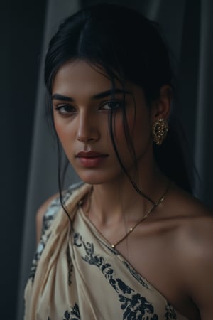 A close-up shot of a Indian woman in a black and white saree, adorned with gold earrings and a gold necklace. The woman's hair is pulled back in a ponytail, adding a touch of color to her face. The background is blurred, creating a stark contrast to the woman's outfit. The saree she is wearing is cream in color, with a black pattern on it. She is wearing a cream scarf around her waist, adding texture to her outfit.,Fantasy cosplay,Tran A dramatic shot, smoky backdrop, a stunning cybernetic girl, metallic confines. She gazes intensely through enhanced, hair soft glow and refracted holographic,