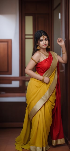 Raw photo of (27yo  Beautiful woman:1.1) (best quality, highres, ultra-detailed:1.2), vibrant colors, red, blue, black, yellow, orange, cinematic colour grading, Moody colour grading, vilot, glowing dimond, glowing eyes, realistic Raw photo, realistic lighting, traditional saree, royal background , traditional Indian house, Indian culture, exotic beauty, exotic beauty, mesmerizing eyes,Mallu 