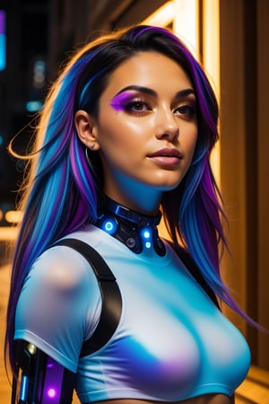 Subject: A captivatingly beautiful young woman with cascading black hair streaked with vibrant neon blue or purple highlights. Her skin is smooth and sun-kissed, adorned with intricate cybernetic enhancements like glowing bioluminescent tattoos or metallic ear cuffs that seamlessly blend with her traditional gold nose ring.