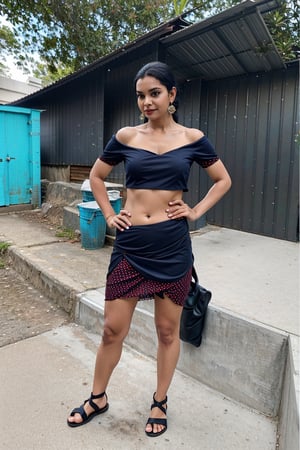 1girl, mallu, solo, twin tail ong hair, skirt, black hair, navel, jewelry, standing, full body, earrings, outdoors, midriff, off shoulder, crop top, mini skirt, realistic, off-shoulder shirt