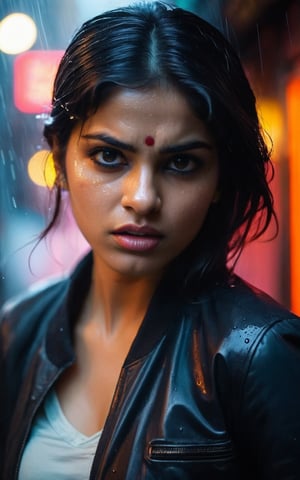 shot of a fiery-eyed Indian woman, her dark hair whipping around her face as she scowls at the camera. Midriff exposed ,  ((hand pointing to viewers)), Framed by a dimly lit alleyway's neon signs and rain-soaked pavement, the gritty atmosphere heightens the tension in her gaze. Her beauty is tempered by anger, her full lips pursed in a snarl as she confronts the unknown. Cinematic photography captures every nuance of her expression, inviting the viewer to step into her world.