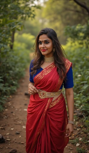 a woman with long, wavy brown hair stands in a forest. She in traditional outfit, adorned with a gold belt and a blue blouse, red saree, Her dress is adorned with gold stripes, adding a touch of color to the scene. Navel exposed, The woman's attire is adorned by a gold necklace, adding an accent of charm to her outfit. The backdrop is lush, full of trees and foliage, creating a peaceful and natural backdrop.,mallu,Traditional,

The image is captured using a Fujifilm cinematic camera, with dramatic cinematic lighting enhancing the deep shadows and bright highlights. The scene is shot with a wide aperture, creating a shallow depth of field that blurs the forest background, making her the clear focal point. The camera angle is low, looking slightly upwards to give her an empowering, larger-than-life presence. The textures of the costume and her skin are rendered in high definition, with the soft, natural lighting adding a dreamlike quality to the image., (RAW photo, best quality), (realistic, photo-Realistic:1.1), best quality, masterpiece, beautiful and aesthetic, 16K, (HDR:1.2), high contrast, (vibrant color:1.3), (muted colors, dim colors, soothing tones:0), cinematic lighting, ambient lighting, sidelighting, Exquisite details and textures, cinematic shot, Warm tone, (Bright and intense:1.1), wide shot, by xm887, ultra realistic illustration, siena natural ratio,	head to thigh portrait,	long Wave hair, Traditional 