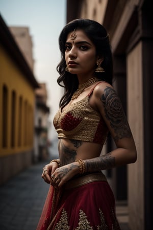 1girl, accessories, piercing , lip piercing , misterious, masterpiece, best quality, dynamic angle, cinematic composition, lehenga,  tattoo 