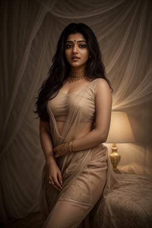 A stunning Mallu beauty poses against a warm-toned backdrop in a cinematic photo. Soft sidelighting enhances her features, while vibrant colors (1.3) and high contrast (HDR:1.2) create depth. Her long, flowing hair cascades down to thigh level, framing her face. Exquisite details and textures are captured in 16K resolution, with a realistic (photo-realistic:1.1) quality that's almost three-dimensional. The overall mood is warm and inviting, with ambient lighting adding to the sense of intimacy.