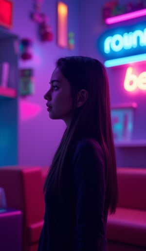 The atmosphere is fun and inviting, featuring colors like black, blue, dark blue, dark purple, gray, light green, purple, and orange. Neon lights in pink, blue, and green illuminate the space, creating a bokeh and Depth of Fieldeffect. The focus is on the girl from the torso to the head, captured in a cinematic style with a Sony A7R IV full-frame camera,Busty