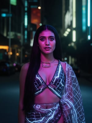 Digital canvas aglow with neon hues, Girl25yo stands poised, saree draping curves like a Tron-inspired grid. Canon 1DX's 50mm lens captures every nuance as she confidently exposes navel, soft lighting casting gentle glow on features. High-res image quality reveals intricate fabric details, saree's folds and patterns shimmering like digital code in a futuristic cityscape.