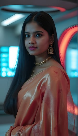 A stunning, realistic photography of a 25-year-old Malayali (Mallu) girl, radiating youthful beauty. She is dressed in traditional Indian attire, featuring a Kerala pattupavada—a beautiful, flowing Kerala gown—and a matching blouse. A delicately draped shawl (sholl) adds an elegant touch to her outfit, highlighting her cultural heritage.
Text background "AI PATTAPERUKKI", 
The background contrasts with her traditional look, set inside a futuristic spacecraft with a Mars Effect game theme. The environment is filled with advanced technology, with holographic displays, sleek metallic surfaces, and soft neon lighting that creates an otherworldly ambiance. The lighting subtly illuminates her face, enhancing her natural beauty and creating a blend of old-world charm and futuristic aesthetics.

The overall composition focuses on her serene and graceful presence, emphasizing her traditional attire against the backdrop of a high-tech, space-age setting. This creates a captivating fusion of culture and science fiction, making the image both visually striking and unique.