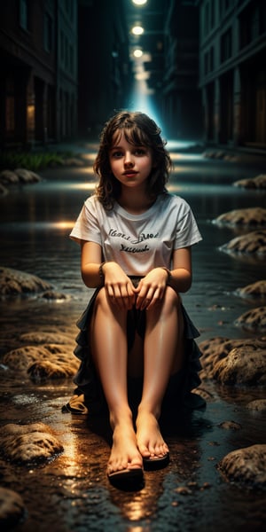 cute18 yo girl, 
a white T-shirt, a short skirt, sitting, 
embrace one's knees, abstract  magical rain, universe , stars, 
masterpiece, best Quality, Tyndall effect, good composition, highly details, warm soft light, three-dimensional lighting, volume lighting, Film lighting, cinematic lighting
,
