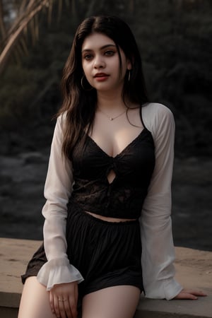 A sultry Mallu girl, 18 years old, with striking twin tails and long hair, gazes directly at the viewer. Her outfit features a modern dress with a heart-shaped cleavage cutout, a full-sleeve shirt, and short trousers. Her upper body is the focal point, with navel exposed. A delicate necklace adorns her neck, complemented by hoop earrings. Red-framed specs add a pop of color to her striking black eyes and luscious lips. The night background sets the tone for this captivating scene, where her dress's heart cutout cleavage takes center stage.