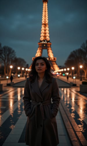 1girl, beautiful, paris, eiffel, night, masterpiece, best quality, high resolution, 8k, sharp focus, cinematography, cinematic lighting, movie scene, muted colors, professional, depth of field, photorealistic, magnificent, maximum details, (RAW, dslr, hdr, highest quality), smooth, roughness, hyper realistic, film grain, bokeh, epic, dramatic, wearing long coat, cinematic long shot, wide shot, full body shot, her long, looking at camera, smile, stand pose,Mallu woman