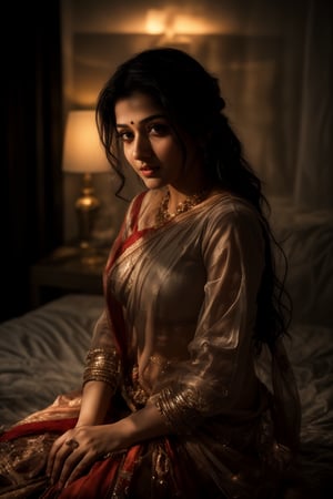 A stunning Mallu beauty poses against a warm-toned backdrop in a cinematic photo. Soft sidelighting enhances her features, while vibrant colors (1.3) and high contrast (HDR:1.2) create depth. Her long, flowing hair cascades down to thigh level, framing her face. Exquisite details and textures are captured in 16K resolution, with a realistic (photo-realistic:1.1) quality that's almost three-dimensional. The overall mood is warm and inviting, with ambient lighting adding to the sense of intimacy.