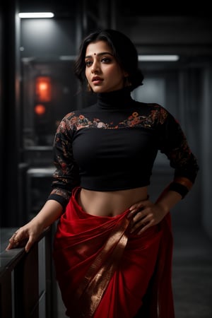 A stylish Mallu girl with a curvy, sexy figure poses confidently in a modern, non-traditional outfit adorned with traditional ornaments. She wears oversized, saree , patterned turtleneck that stands out against a teal and orange background, graded with cinematic color tones. The scene captures a complex, action-oriented pose reminiscent of cyberpunk themes from Blade Runner and The Matrix, set in a highly stylized, photorealistic CGI environment. The abstract, textured background adds a pop art flair with bold, vibrant colors, enhancing the modern, high-quality 32K masterpiece. Studio lighting accentuates every detail, bringing a mix of traditional elements and futuristic vibes together in this dynamic composition