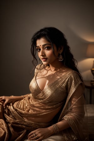 A Mallu beauty poses elegantly against a richly textured, warm-toned backdrop, bathed in soft sidelighting that accentuates her features. Vibrant colors and high contrast (HDR) create depth, while flowing hair cascades down to thigh level, framing her face. Exquisite details and textures are captured in 16K resolution, with a realistic quality that's almost three-dimensional. The ambient lighting casts a warm glow, inviting the viewer into an intimate setting.