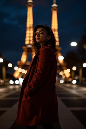 1girl, beautiful, paris, eiffel, night, masterpiece, best quality, high resolution, 8k, sharp focus, cinematography, cinematic lighting, movie scene, muted colors, professional, depth of field, photorealistic, magnificent, maximum details, (RAW, dslr, hdr, highest quality), smooth, roughness, hyper realistic, film grain, bokeh, epic, dramatic, wearing long coat, cinematic long shot, wide shot, full body shot, her long, looking at camera, smile, stand pose,Mallu woman