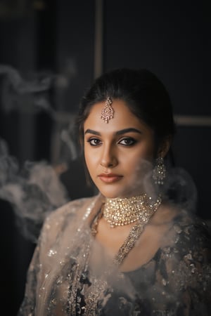 A close-up shot of a Indian woman in a black and white saree, adorned with gold earrings and a gold necklace. The woman's hair is pulled back in a ponytail, adding a touch of color to her face. The background is blurred, creating a stark contrast to the woman's outfit. The saree she is wearing is cream in color, with a black pattern on it. She is wearing a cream scarf around her waist, adding texture to her outfit.,Fantasy cosplay,Tran A dramatic shot, smoky backdrop, a stunning cybernetic girl, metallic confines. She gazes intensely through enhanced, hair soft glow and refracted holographic,