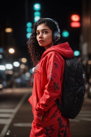 Mallu curly hair, Dreampolis, hyper-detailed digital illustration, cyberpunk, single girl with techsuite hoodie and headphones in the street, neon lights, lighting bar, city, cyberpunk city, film still, backpack, in megapolis, pro-lighting, high-res, masterpiece,photorealistic,22yo girl ,1 girl
