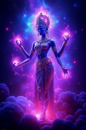 Realistic photography, A cosmic depiction of Goddess Lakshmi, her body glowing with neon light and ultraviolet hues. Energy radiates from her divine form, showing a mix of rage and power. Surrounded by cosmic nebulae, her figure is illuminated in vibrant blues, purples, and pinks. She stands as a sensual, seductive Kamasutra goddess, her glowing, ethereal presence exuding divine sensuality and cosmic energy.,Cosmic 