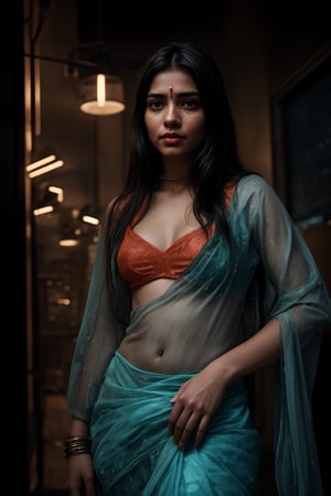 In a neon-drenched cyberpunk world, a stunning 20-year-old woman wears  saree fully covered, navel covered with transparent saree  glistening under Tron-like lights.  as vibrant Matrix-inspired hues of electric blue and fiery orange dance across her features.,Saree 