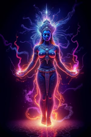 Illustration of cosmic and goddess Lakshmi, neon light, ultraviolet, rage, energy emitting body, naked, glowing, sexy Kamasutra goddess 