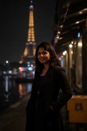 1girl, beautiful, paris, eiffel, night, masterpiece, best quality, high resolution, 8k, sharp focus, cinematography, cinematic lighting, movie scene, muted colors, professional, depth of field, photorealistic, magnificent, maximum details, (RAW, dslr, hdr, highest quality), smooth, roughness, hyper realistic, film grain, bokeh, epic, dramatic, wearing long coat, cinematic long shot, wide shot, full body shot, her long, looking at camera, smile, stand pose,Mallu woman,Mallu beauty 