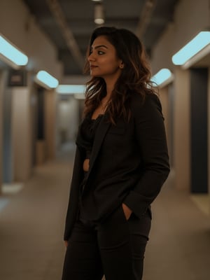 A beautiful 38-year-old Mallu (Malayali) woman with a dusky complexion, dressed in modern, high-fashion attire from the year 2100, standing in a sleek environment. She has elegant facial features with a warm smile, captured in a cinematic shot with a soft, dynamic lighting. Shot on IMAX camera, high-definition detail, realistic textures, and ultra-clear focus.,Mallu woman,Mallu woman