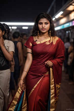 (Thrissur:1.3), ((modern fashion design dress))(city, railway station, railway track, busy people), Raw photo of (25yo Kerala Beautiful young woman:1.1) (best quality, highres, ultra-detailed:1.2), vibrant colors, glowing dimond, glowing eyes, realistic Raw photo, realistic lighting,  exotic beauty, mesmerizing eyes, girl ,Thrissur,Sexy Pose,Styles Pose,1woman