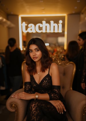 A beautiful woman sits elegantly on a luxurious throne in the center of a stylish boutique dress shop. Behind her, the name of the shop, "Tachi by taachhi" is displayed prominently in glowing, oversized letters, with cinematic lighting highlighting the scene. In the background, some girls are walking around, browsing through the clothing racks. The focus is on the woman and the bold, glowing shop name, blending seamlessly into the stylish environment.,Tanyx