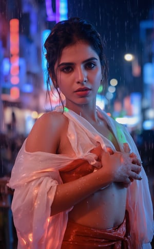 A stunning cyberpunk scene unfolds: a beautiful girl, Sree, stands confidently in the rain-soaked night, midriff exposed beneath a silky anarkali dress. Her sad face is bathed in good lighting, with a dynamic angel pose accentuating her curves. A flare of neon light illuminates her upper body, contrasting with the wetness of her skin and face. In the background, a futuristic mallu setting glows softly, with bokeh effects capturing the city's vibrant energy. Her white shirt glistens with raindrops, as she stands resolute against the urban landscape.