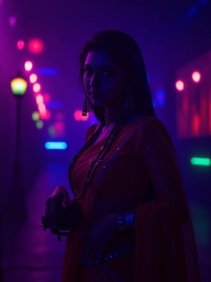 A mallu steampunk women, saree, midriff, The atmosphere is fun and inviting, featuring colors like black, blue, dark blue, dark purple, gray, light green, purple, and orange. Neon lights in pink, blue, and green illuminate the space, creating a bokeh and Depth of Fieldeffect. The focus is on the girl from the torso to the head, captured in a cinematic style with a Sony A7R IV full-frame camera,Futuristic 