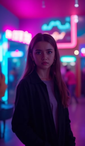 The atmosphere is fun and inviting, featuring colors like black, blue, dark blue, dark purple, gray, light green, purple, and orange. Neon lights in pink, blue, and green illuminate the space, creating a bokeh and Depth of Fieldeffect. The focus is on the girl from the torso to the head, captured in a cinematic style with a Sony A7R IV full-frame camera,Busty